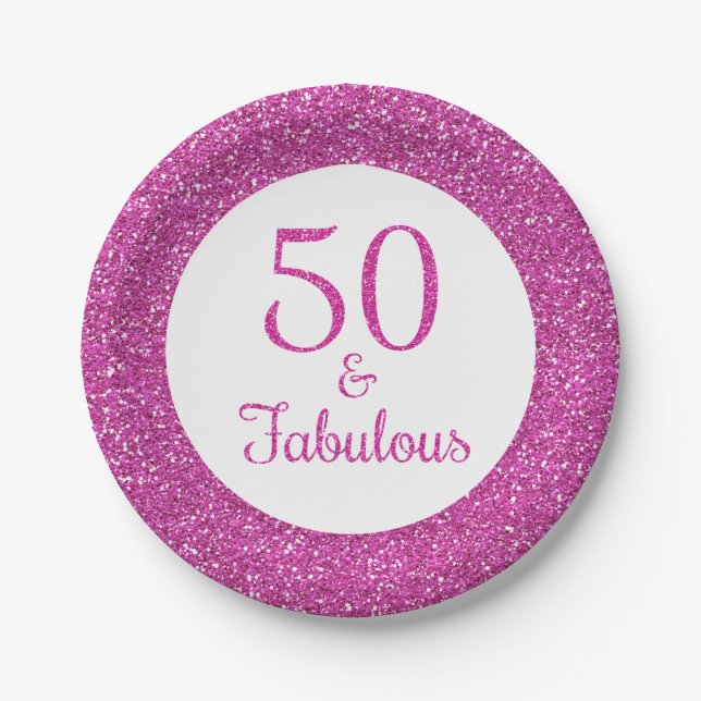 Assiettes En Carton 50 & Fabuleux Anniversaire Parties scintillant ros (Devant)