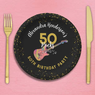Assiettes En Carton 50 Rocks 50e fête d'anniversaire Pink Black Gold