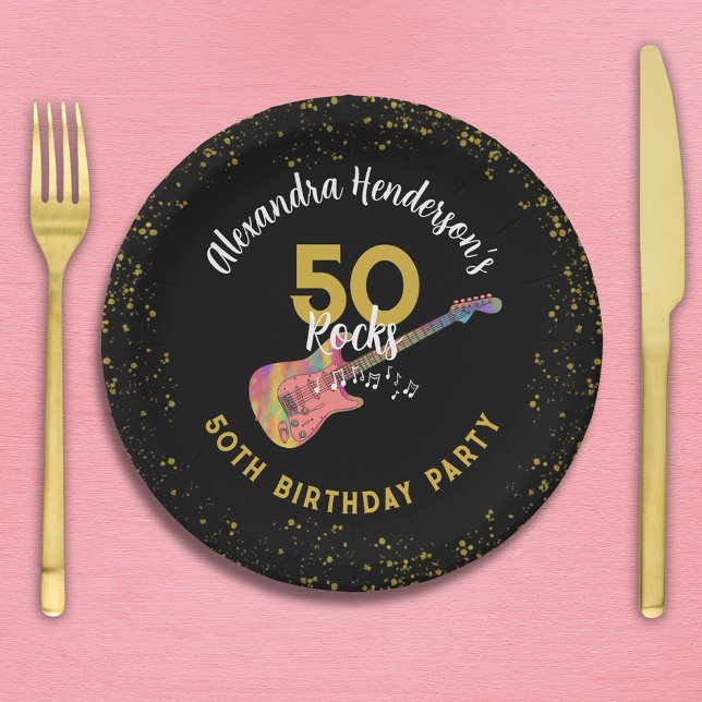 Assiettes En Carton 50 Rocks 50e fête d'anniversaire Pink Black Gold (50 Rocks 50th birthday party pink black and gold glitter personalized paper plates)