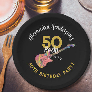 Assiettes En Carton 50 Rocks Guitare Rose Fête d'anniversaire 50 ans