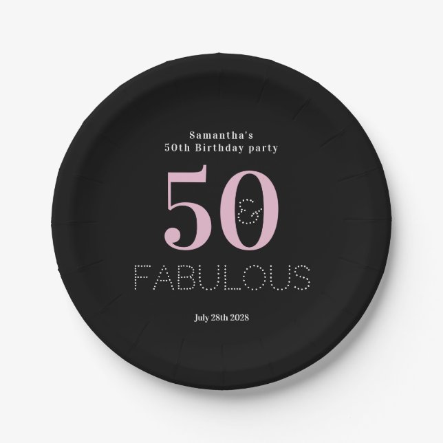 Assiettes En Carton 50e anniversaire 50 Fabuleux Black Pink Party (Devant)