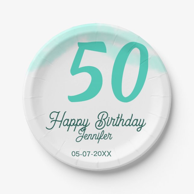 Assiettes En Carton 50e anniversaire ajouter nom date année vert paste (Devant)