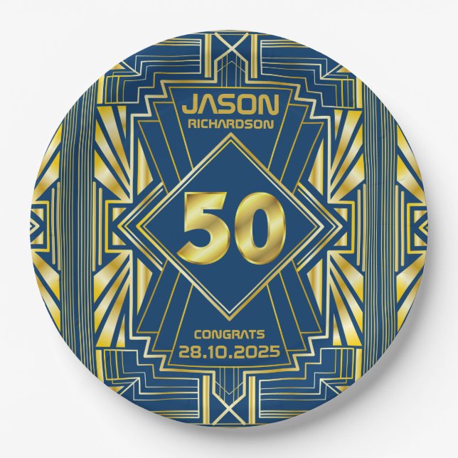 Assiettes En Carton 50e anniversaire Art Déco Gold Blue Gatsby (Devant)