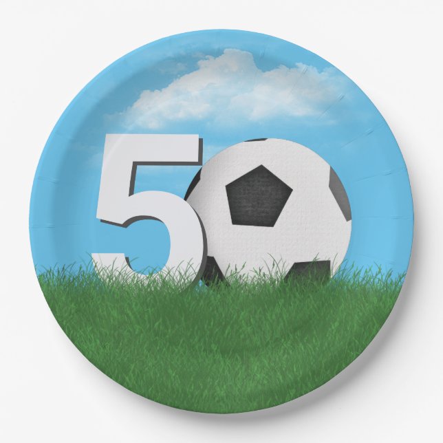 Assiettes En Carton 50e Anniversaire Bal De Football En Herbe Verte (Devant)