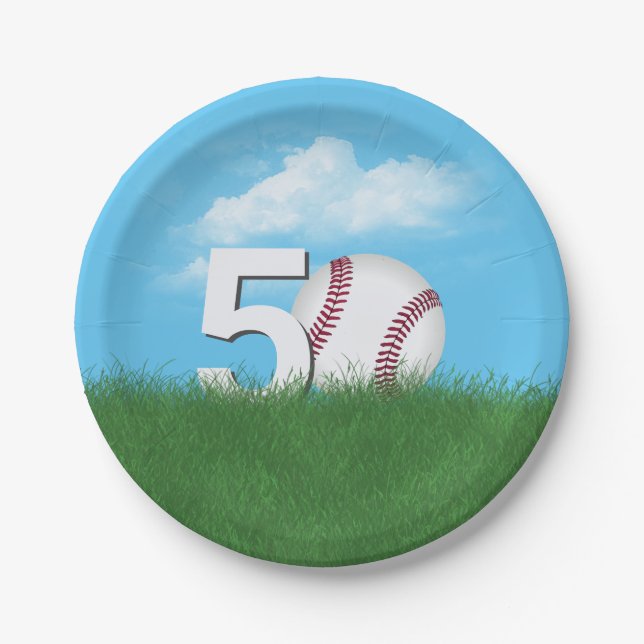 Assiettes En Carton 50e Anniversaire Baseball En Herbe Verte (Devant)