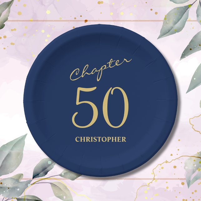 Assiettes En Carton 50e anniversaire Blue Gold Chapitre 50 (Make your loved one's 50th birthday celebration memorable with our stunning Blue Gold paper plates)