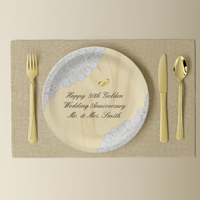 Assiettes En Carton 50e anniversaire de la Mariage d'or Faux Satin+Lac (Créateur téléchargé)