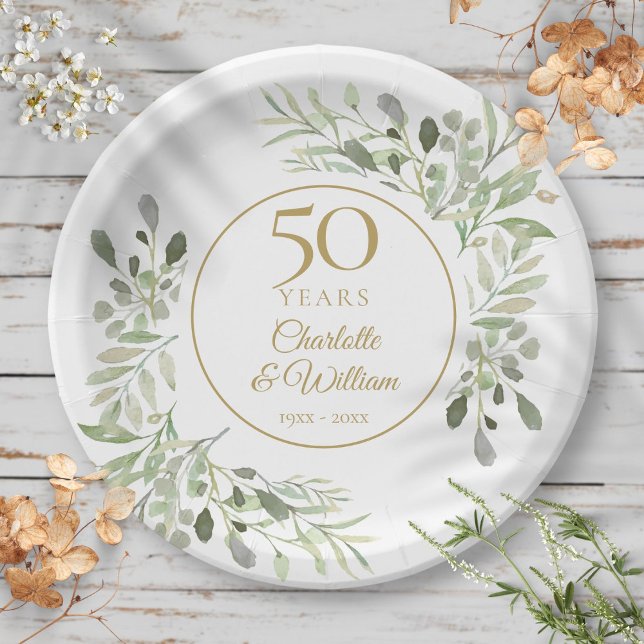 Assiettes En Carton 50e Anniversaire de Mariage Aquarelle Feuillage (50th Wedding Anniversary Watercolor Greenery Paper Plates)