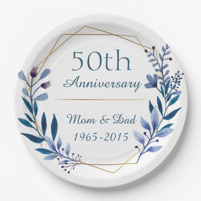 Assiettes En Carton 50e anniversaire de Mariage classique floral (Devant)