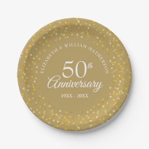Assiettes En Carton 50e Anniversaire de Mariage Cœurs d'Amour Dorés