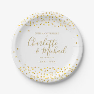 Assiettes En Carton 50e Anniversaire de Mariage Cœurs Dorés Signature
