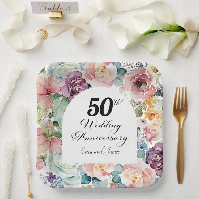 Assiettes En Carton 50e anniversaire de Mariage Élégant script floral (Mariage)