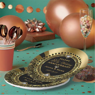 Assiettes En Carton 50e anniversaire de Mariage Floral Black & Gold 3