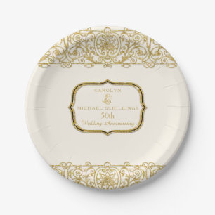 Assiettes En Carton 50e anniversaire de Mariage Gold Cream Art Nouveau