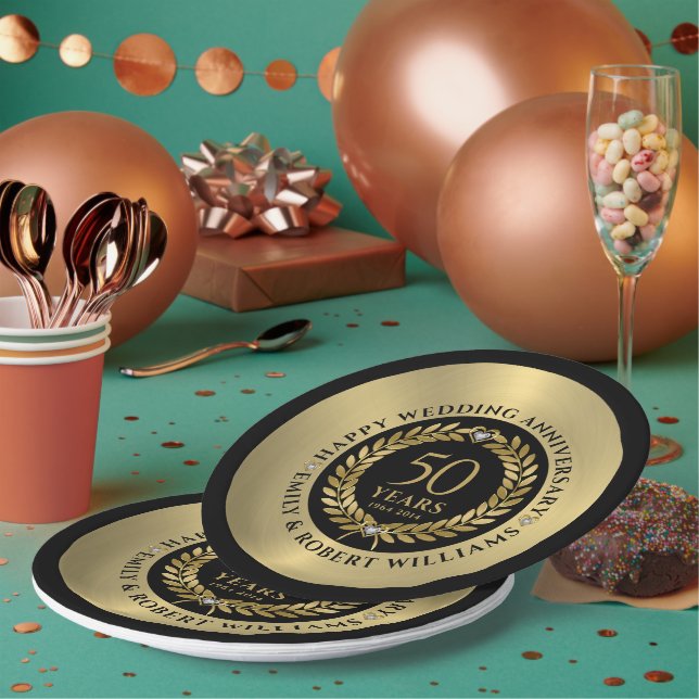 Assiettes En Carton 50e anniversaire de mariage Gold laurel wreath Din (Multi)