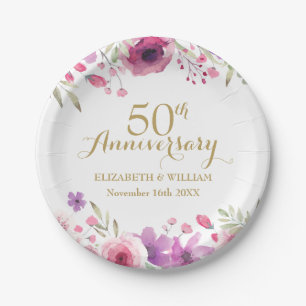 Assiettes En Carton 50e anniversaire de Mariage Roses d'aquarelle