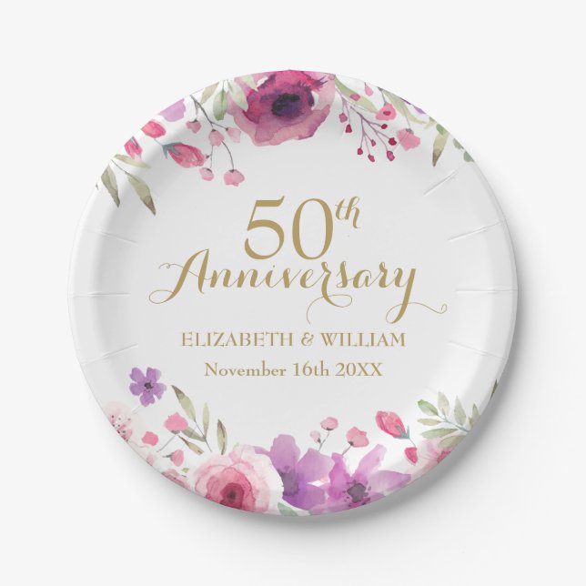 Assiettes En Carton 50e anniversaire de Mariage Roses d'aquarelle (Devant)