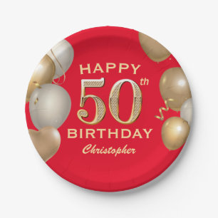 Assiettes En Carton 50e Anniversaire des Ballons Rouge et Or