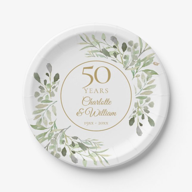 Assiettes En Carton 50e anniversaire d'or Aquarelle Verdure  (Devant)