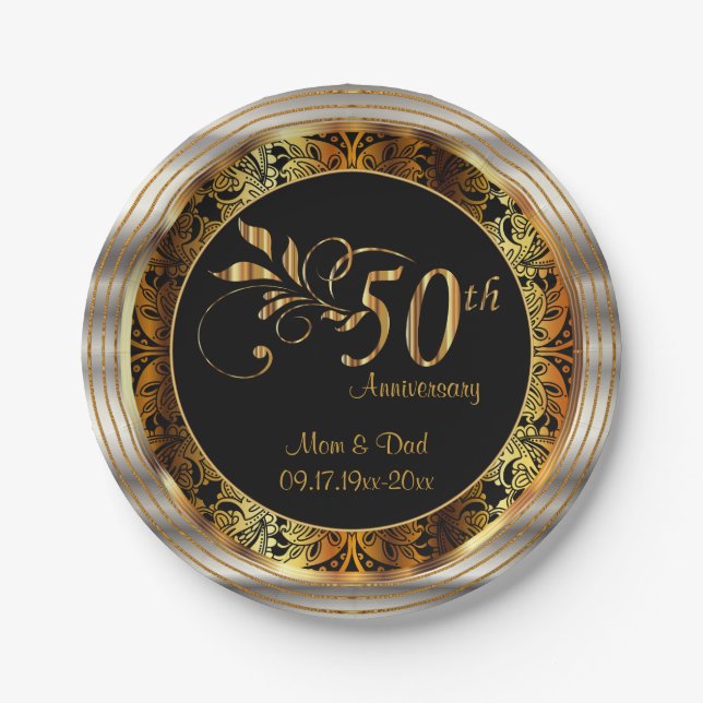 Assiettes En Carton 50e anniversaire du Mariage Black & Gold (Devant)