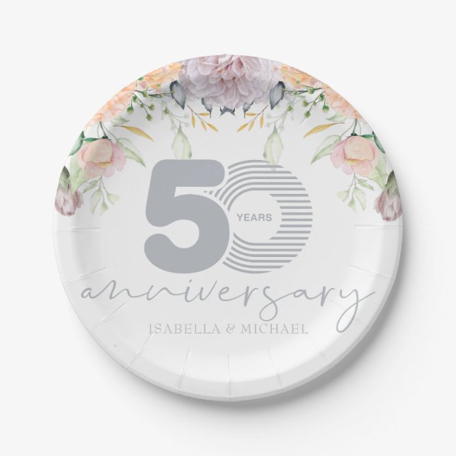 Assiettes En Carton 50e anniversaire du Mariage personnalisé Floral (Devant)