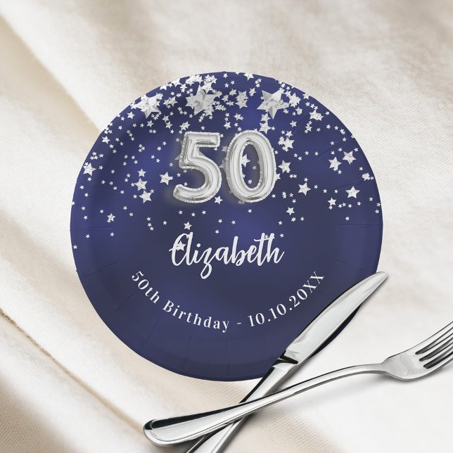 Assiettes En Carton 50e anniversaire marine bleu argent étoiles (Créateur téléchargé)