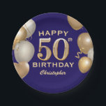 Assiettes En Carton 50e Anniversaire Marine Bleu et Ballons d'or<br><div class="desc">50e anniversaire de la fête Marine Bleu et Or Ballons et Plaques en papier Confetti. Pour plus de personnalisation,  cliquez sur le bouton "Customiser" et utilisez notre outil de conception pour modifier ce modèle.</div>