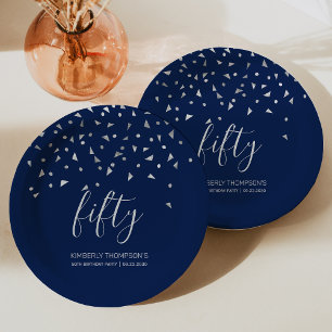 Assiettes En Carton 50e Anniversaire Marine Blue Silver Confetti