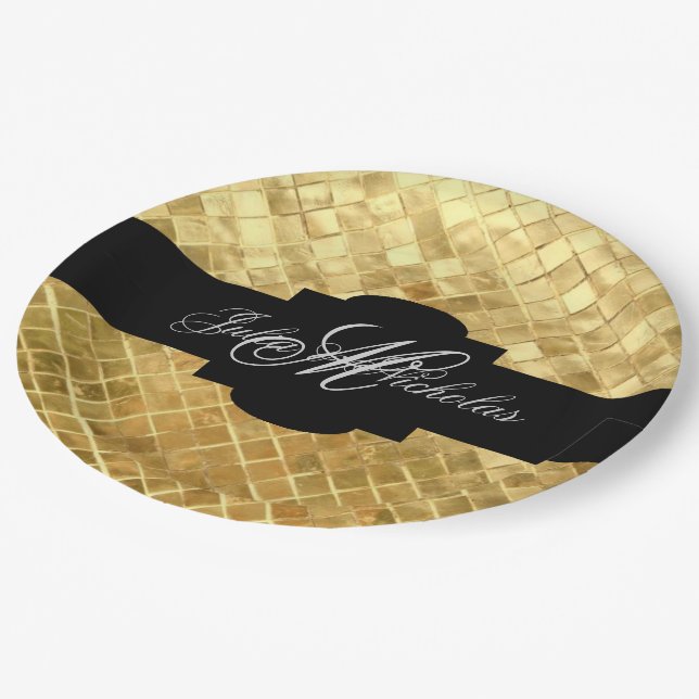 Assiettes En Carton 50e anniversaire Monogrammed Black & Gold (Angle)