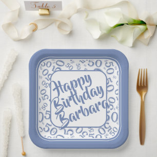 Assiettes En Carton 50e anniversaire Numéro de fête Motif Bleu/Blanc