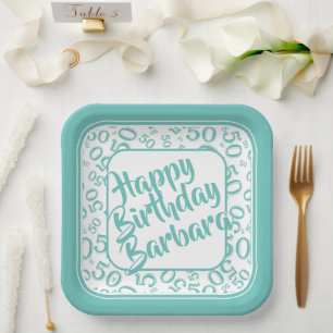 Assiettes En Carton 50e anniversaire Numéro de fête Motif Turquoise/bl