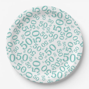 Assiettes En Carton 50e anniversaire Numéro Motif Turquoise/blanc