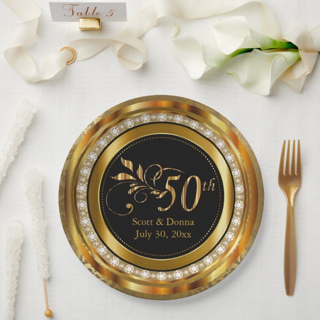 Assiettes En Carton 50e anniversaire - Or et diamants (Mariage)