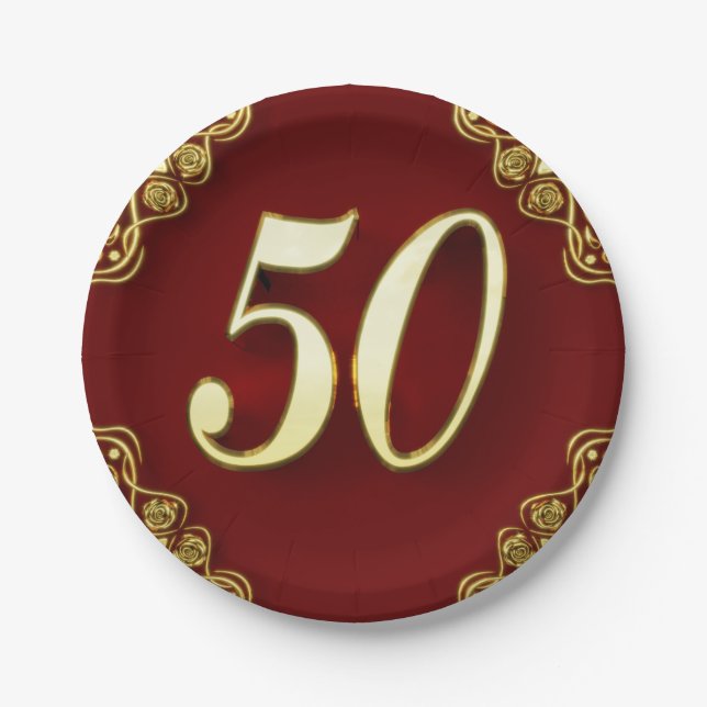 Assiettes En Carton 50e anniversaire ou anniversaire Regal Gold et Red (Devant)