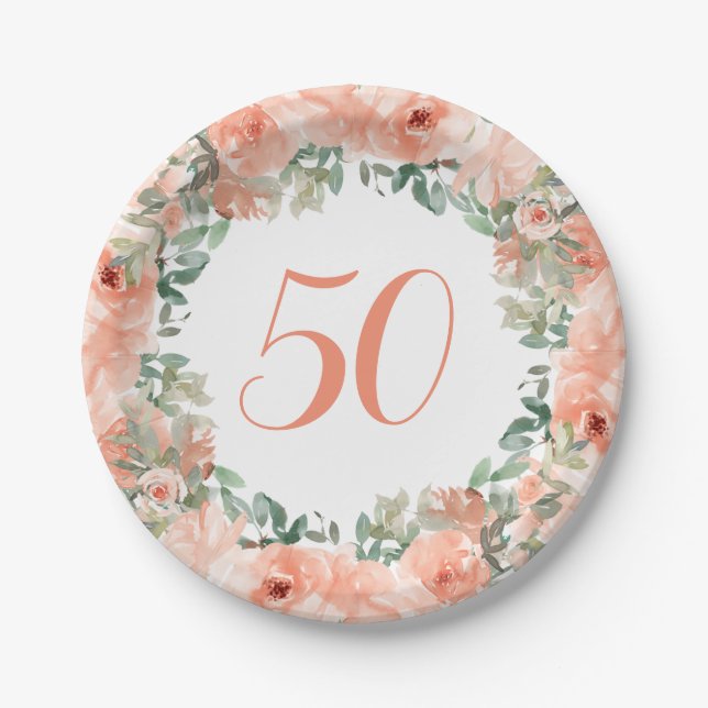 Assiettes En Carton 50e Anniversaire Pêche Florale Aquarelle (Devant)
