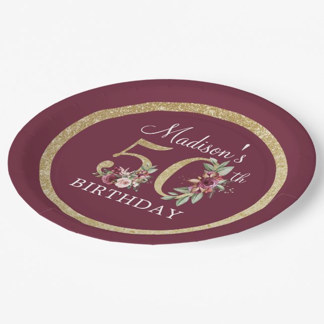 Assiettes En Carton 50e anniversaire Personnalisé Burgundy Gold (Angle)