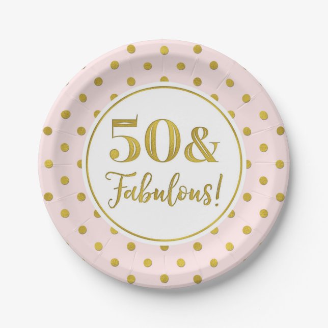 Assiettes En Carton 50e Anniversaire Pink White Gold Dots Papier Pla (Devant)