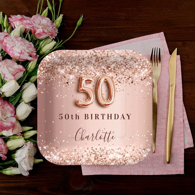 Assiettes En Carton 50e anniversaire rose or blush nom de parties scin (Créateur téléchargé)
