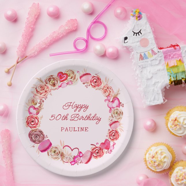 Assiettes En Carton 50e anniversaire Roses roses Tourbillonnant Coeur (Fête)