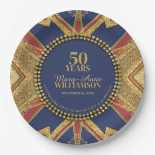 Assiettes En Carton 50e Anniversaire Rouge Bleu Or Géométrie
