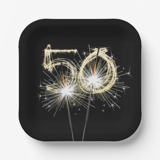 Assiettes En Carton 50e anniversaire Sparklers de fête sur noir (Recto)