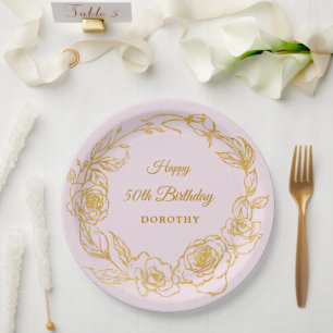Assiettes En Carton 50e fête d'anniversaire Luxe Gold Rose Floral rose