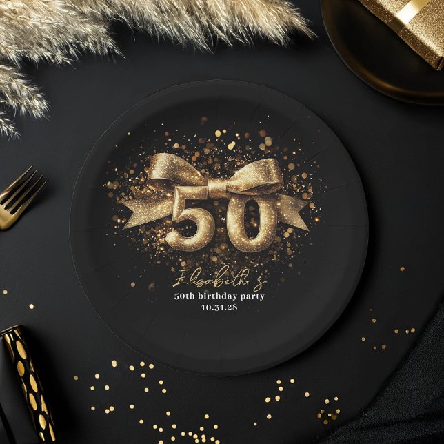 Assiettes En Carton 50e fête d'anniversaire moderne Noir et Or (50th Birthday Paper Plates Gold and Black)