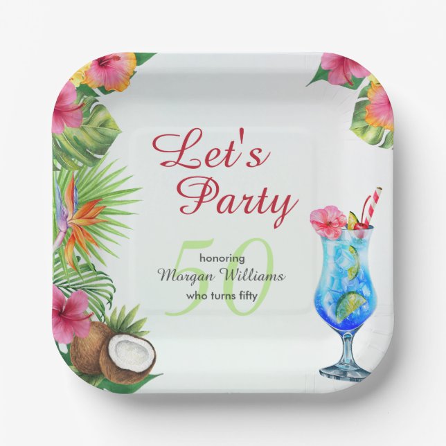 Assiettes En Carton 50ème Anniversaire Dîner d'été tropical & Cocktail (Recto)