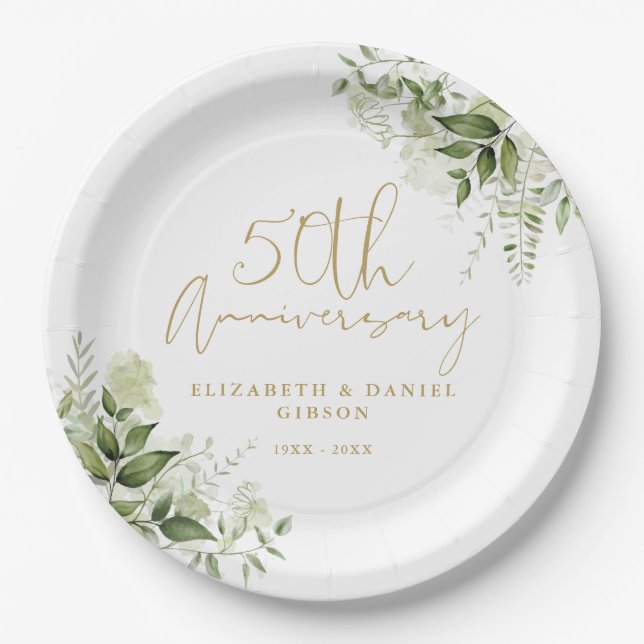 Assiettes En Carton 50th Wedding Anniversary Greenery Gold Script (Devant)