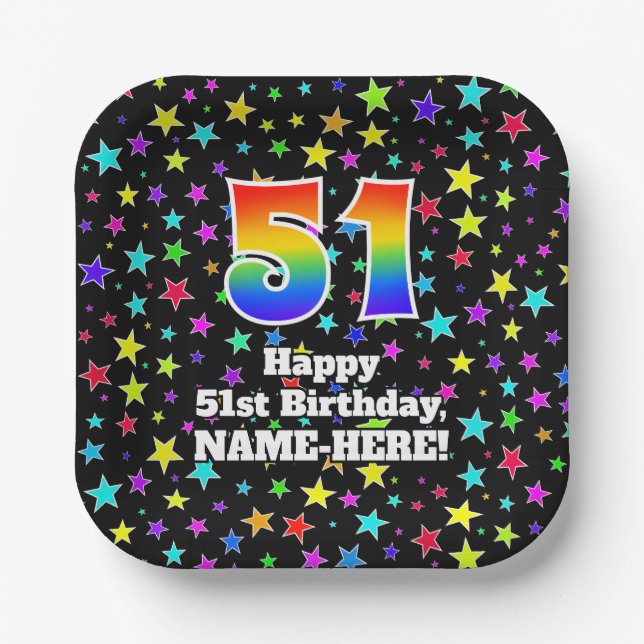 Assiettes En Carton 51st Birthday: Fun Stars Pattern and Rainbow “51” (Recto)