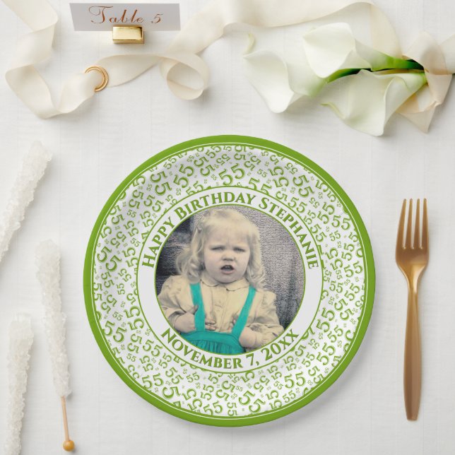 Assiettes En Carton 55 Your Photo Random Number Pattern Green/White (Mariage)
