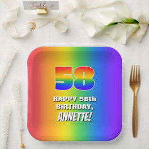 Assiettes En Carton 58e anniversaire : coloré, amusant Motif arc-en-ci
