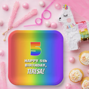 Assiettes En Carton 5e anniversaire : coloré, amusant Motif arc-en-cie