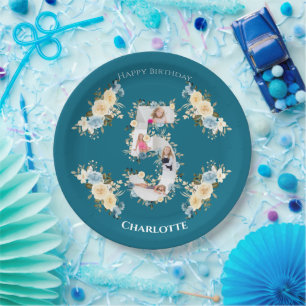 Assiettes En Carton 5e anniversaire Turquoise photo Collage bleu jaune